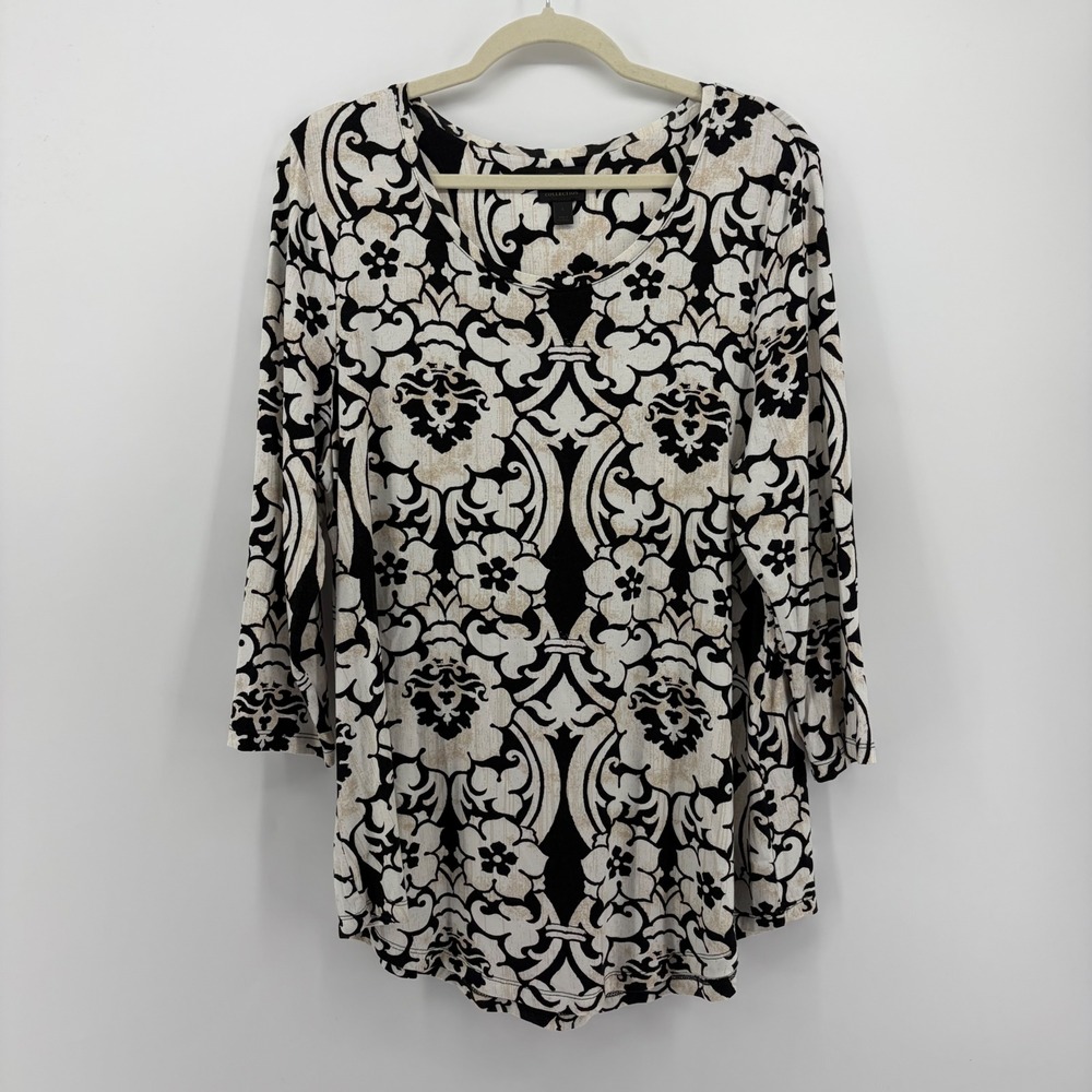 JM Collection Large Multicolor Damask Floral 3/4 Sleeve Scoop Neck Tunic Top